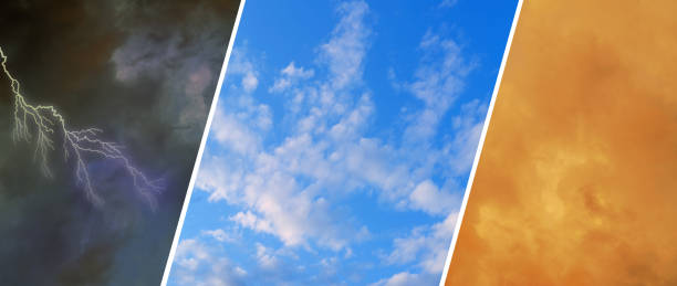 istock blurred blue sky with clouds, dramatic stormy sky with dark clouds, lightning flashes over the night sky, heat wave. Concept on the theme of weather forecast, photo collage, natural basis for designer 1614853418