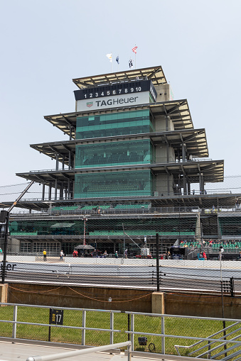 Indianapolis - Circa May 2023: IMS Pagoda at Indianapolis Motor Speedway. The Pagoda is one of the most recognizable structures at IMS and motorsports.