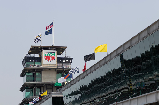 Indianapolis - Circa May 2023: IMS Pagoda at Indianapolis Motor Speedway. The Pagoda is one of the most recognizable structures at IMS and motorsports.