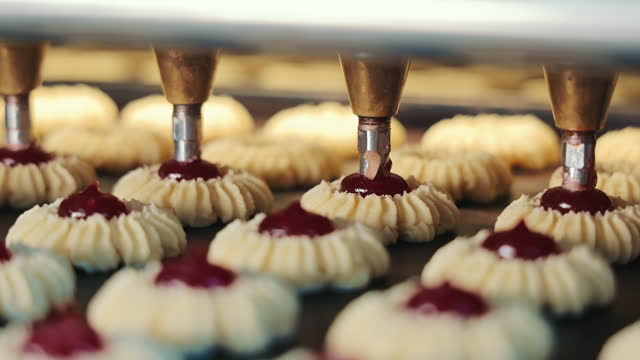 Process of adding Berry Jam to freshly baked Cookies in Confectionery Factory. Close up of Biscuits being filled with Jam and transported on Conveyor Belt. Concept of Automated Technology Equipment