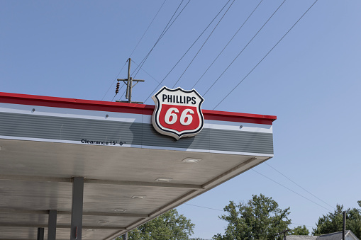 Galveston - August 3, 2023: Phillips 66 gas and filling station. Phillips 66 is an American energy company and an independent oil refiner.