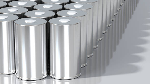 istock Lithium-ion traction 4680 battery pack, High-capacity accumulator cell modules, tabless cell, mass production batteries high power, Renewable energy electric vehicles, dry electrode, 3d rendering 1614910864