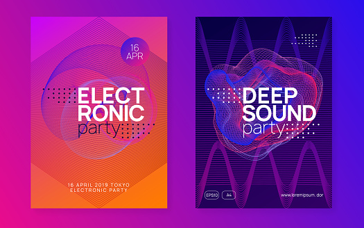 Music flyer. Dynamic fluid shape and line. Futuristic discotheque invitation set. Neon music flyer. Electro dance dj. Electronic sound fest. Techno trance party. Club event poster.