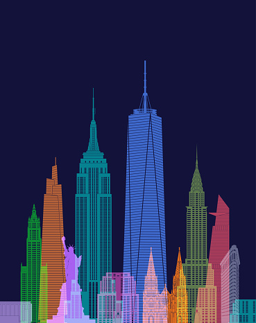 Colourful overlapping silhouettes of the New York Skyline. New York, USA, America, Skyscraper, Building, Travel Destinations, Place of Interest, monument, architecture, tourism, Empire State Building, Chrysler Building, Woolworths Building, Rockefeller Centre,