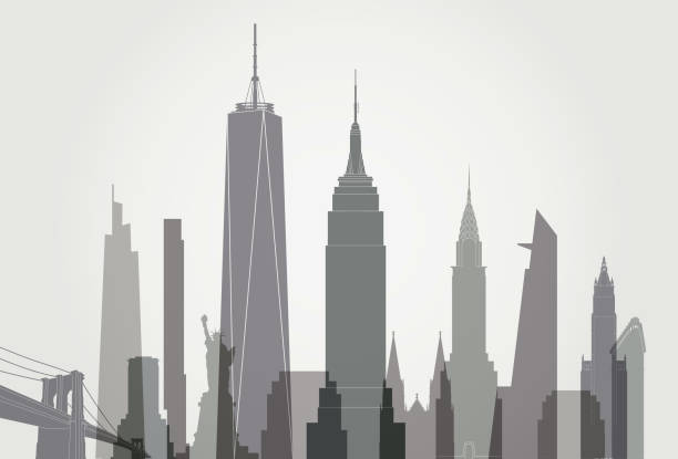 ilustrações de stock, clip art, desenhos animados e ícones de new york skyline - black and white - brooklyn bridge new york city brooklyn famous place