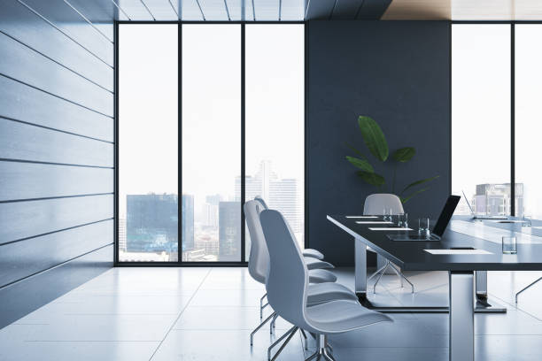 istock Contemporary plank conference room interior with table, chairs and panoramic window with city view. 3D Rendering. 1614935642