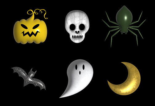 Set of scary Halloween monsters. 3d characters in trendy plastic style. Vector illustration with a skull and pumpkin cast.