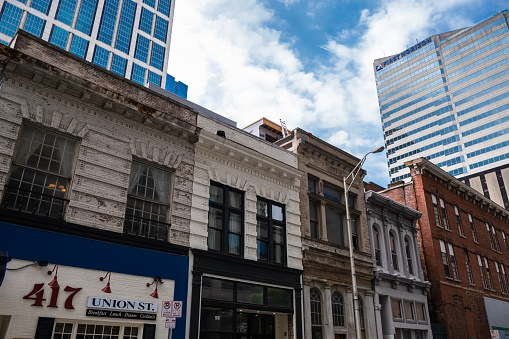 Nashville, Tennessee USA - May 9, 2022: Vintage architecture along Union Street in the downtown district