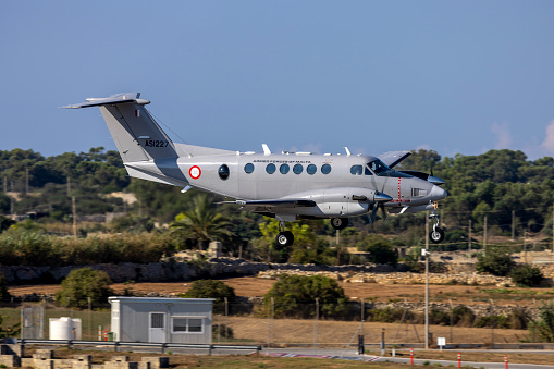 Luqa, Malta - August 13, 2023: Maltese Armed Forces Hawker Beechcraft B200 King Air (Reg.: AS1227) landing after a short sortie.