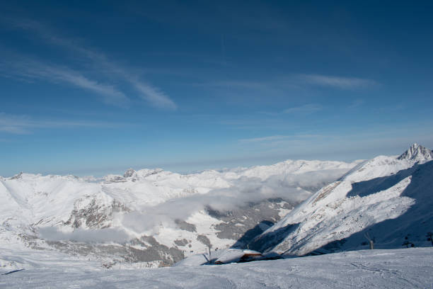 Hintertux glacier panorama on a sunny winter day. Snowy background panorama, white winter scenery.