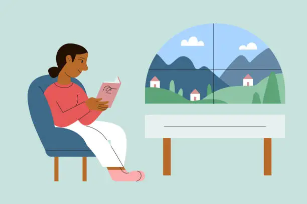 Vector illustration of A Young Woman Reads a Book in Living Room with Countryside View of Mountains