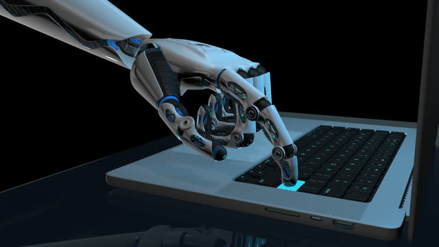 White human shaped robot hand pressing a key of an aluminum laptop with blue light on reflective dark blue desk against black background