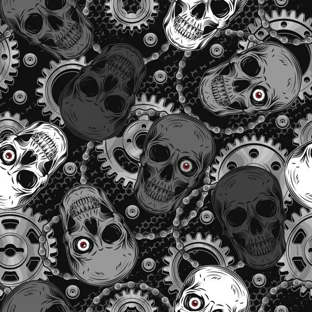 Vector illustration of Gray camouflage pattern with human skulls, gears, bike chain, rivets. Dark scary gothic illustration in steampunk style. For apparel, fabric, textile, sport goods.