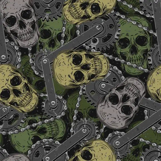 Vector illustration of Khaki green camouflage pattern with human skulls, steel mechanism with gears, bike chain. Dark scary gothic illustration in steampunk style. For apparel, fabric, textile, sport goods.