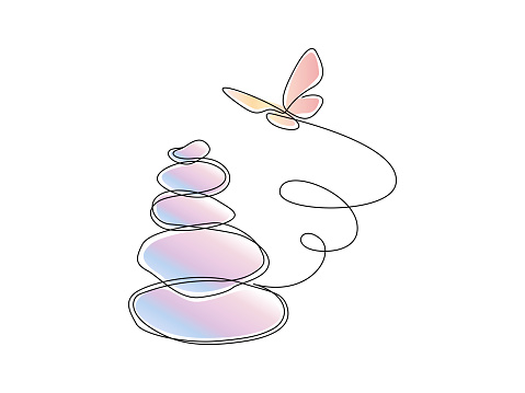Pebbles with flying butterfly in one continuous line drawing. Zen Balance and meditation soul in simple linear style. Spa wellness and massage salon editable stroke. Doodle vector illustration.