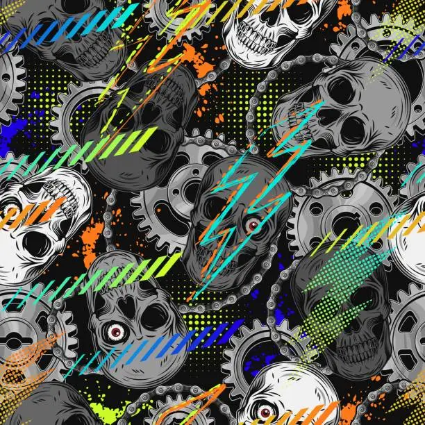 Vector illustration of Pattern with skulls, gears, neon lightning