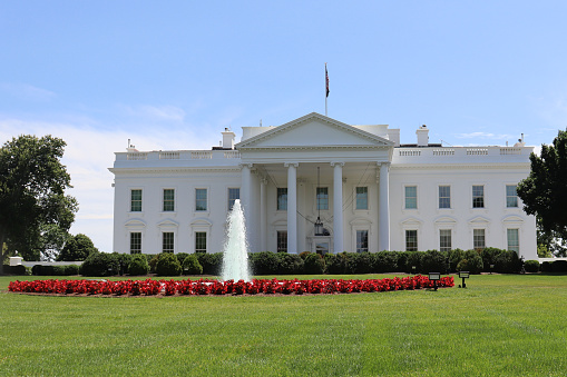 The front facade of the White House, home of the President of the US in Washington, DC.