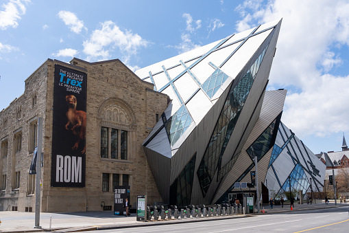 Toronto, Canada - April 26, 2023: Royal Ontario Museum on Bloor Street in Toronto, Canada. The Royal Ontario Museum is a museum of art, world culture and natural history in Toronto.