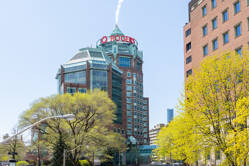 Toronto, Ontario, Canada - April 26, 2023: Rogers office building in Toronto. Rogers Communications Inc. is a Canadian communications and media company.