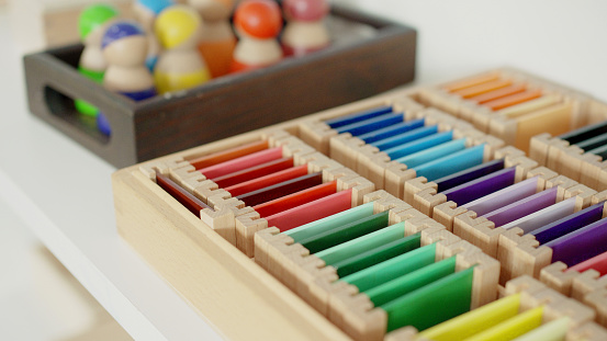 A Montessori classroom set-up, color matching materials activity, color creative toy sorter homeschooling education