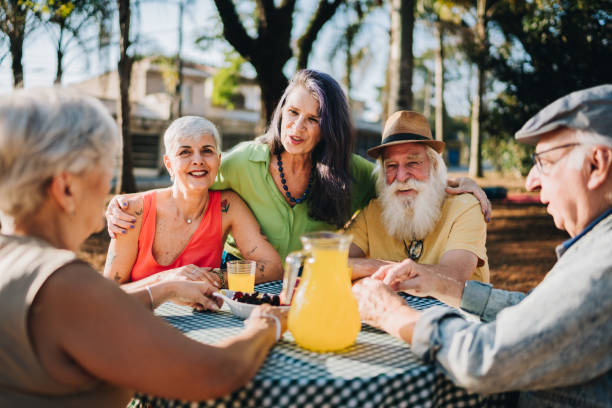 istock Senior friends talking during picnic in a public park 1615162983