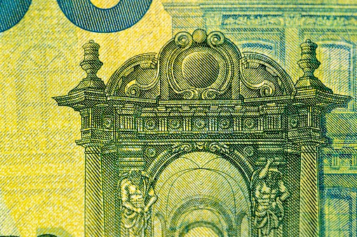 Close-up of the one hundred euro banknote of the European Union, genuine one hundred euro banknote