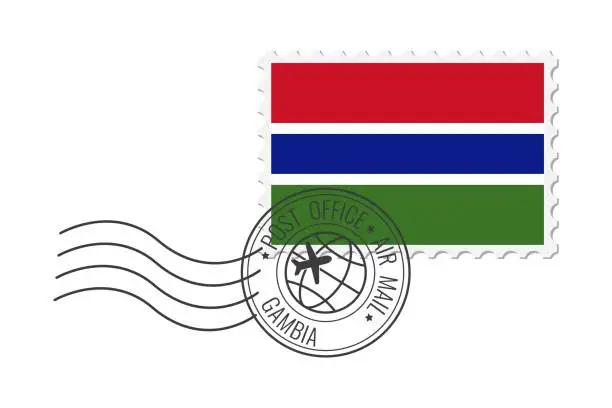 Vector illustration of Gambia postage stamp. Postcard vector illustration with Gambian national flag isolated on white background.