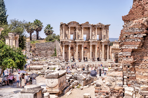 Ephesus, Turkey - July 24, 2023: Tourists enjoying the sights at the ruins at Ephesus Turkey