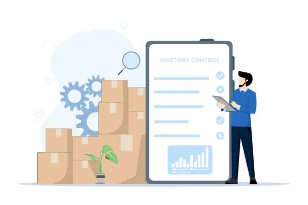 Vector illustration of inventory control concept. Warehouse management, managing incoming and outgoing goods. Illustration for websites, landing pages, mobile apps, posters and banners. flat vector illustration.
