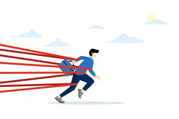 Vector illustration of concept of business difficulties or struggles with career barriers, limitations and pitfalls or challenges to overcome success, bureaucratic bound businessman trying to escape with full effort.