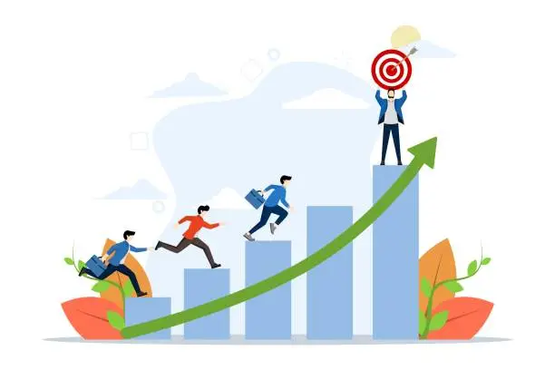 Vector illustration of career development concept, growth or steps to achieve goal, ladder to ladder to achieve target, engagement, challenge or inspiration, employee walking on growth chart to achieve manager target.