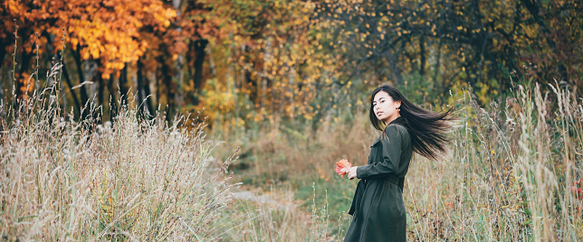 Female beauty portrait surrounded by vivid foliage. Dreamy beautiful girl with long natural black hair in full growth on background with colorful leaves. Fallen leaves in girl hands in autumn forest.