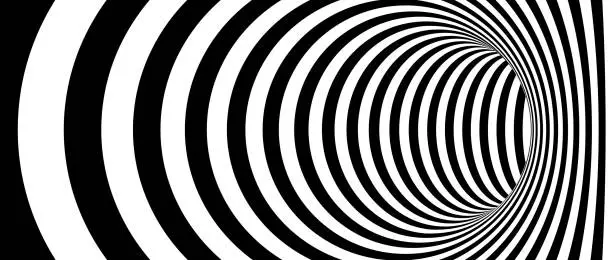 Vector illustration of Optical illusion wormhole. Striped geometric infinite tunnel background. Black and white abstract hypnotic hole shape. Vector Op art illustration backdrop