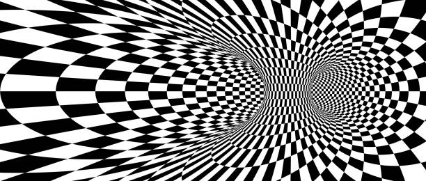 istock Abstract hypnotic spinning checkered background. Black and white check tunnel wallpaper. Psychedelic twisted square pattern. Rotating template for posters, banners, cover. Vector optical illusion 1615294574