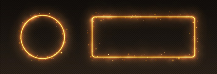 Golden neon frames with smoke and sparkles, fire borders concept. Circle and rectangle glowing elements for game UI. Vector illustration.