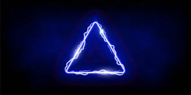 Vector illustration of Magic blue triangle of thunder storm blue lightnings. Magic and bright light effects electric border. Plasma frame with thunderbolt electricity lightning power effect on dark fog background