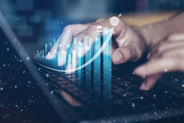 istock Concept business Growing graph, chart with company Progress and growth, Economic Growth, Business people check and Analytic data of Annual Economic Growth Data. Digital screen touch. 1615378563