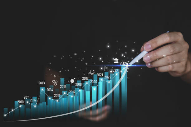 istock Concept business Growing graph, chart with company Progress and growth, Economic Growth, Business people check and Analytic data of Annual Economic Growth Data. Digital screen touch. 1615382223