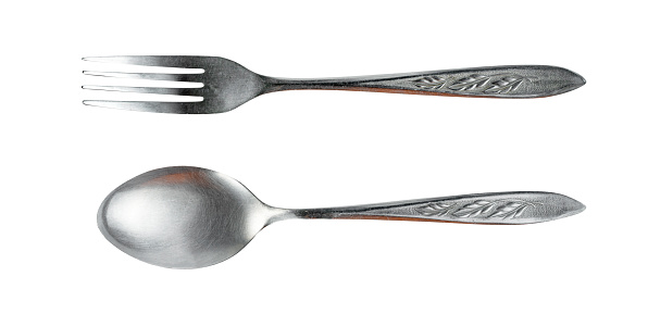 Stainless steel fork and spoon isolated on white background ,include clipping path