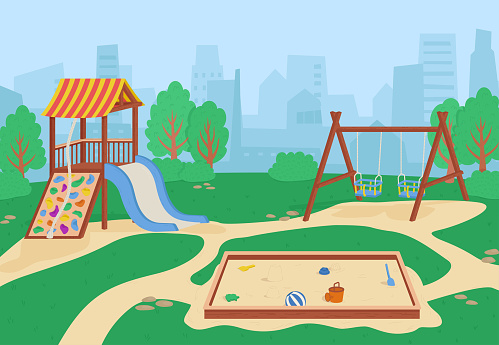 Kids playground without kids in park. School area. Outdoor play ground equipment for kindergarten or house. Empty city landscape. Vector cartoon background. Sandbox, slide and swing