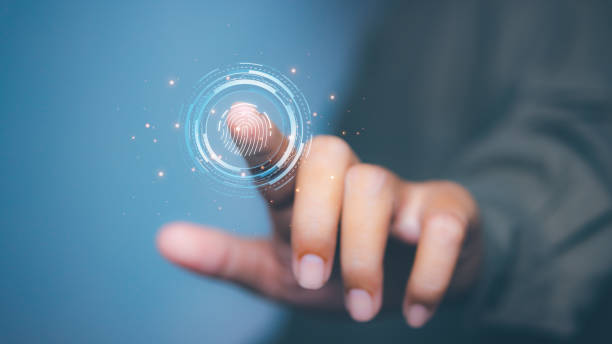 istock Businessman access scan fingerprint biometric identity and approval. Secure access granted by valid fingerprint scan, cyber security on internet. cybernetic business concept. 1615497920