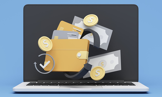 laptop with blank display, digital technology wallet and credit card. Shopping mobile app, gold arrows and coins. Cashback and banking. Mock up empty screen copy space, blue background. 3D rendering