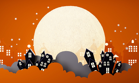 Happy Halloween banner or party invitation background with clouds, bats and glowing pumpkins and full moon surrounded by spider web and ghost cartoon style, treat or trick celebration. 3d render