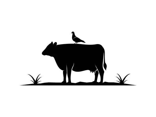 Vector illustration of Cow with bird and grass