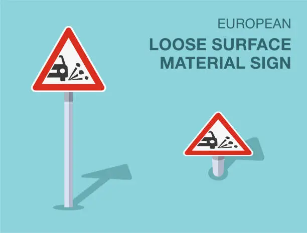 Vector illustration of Traffic regulation rules. Isolated european loose surface material sign. Front and top view. Vector illustration template.