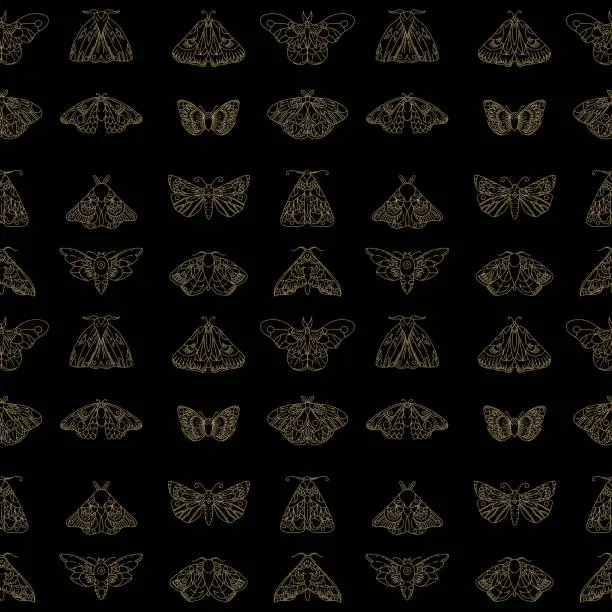 Vector illustration of Seamless pattern with butterflies. Golden butterflies on a black background. Mysticism, silk, tarot, magic, luxury, moths, insects, fly. Luxurious pattern for clothes and women.