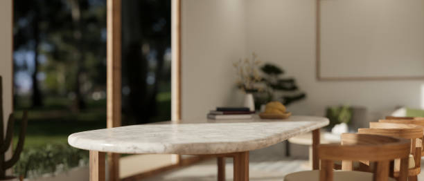 istock A modern minimal white marble dining table in a minimalist Scandinavian dining room. 1615609966