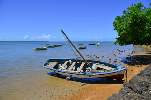 Seascape at sunny day in summer - a wooden boat on the beach with many trees.