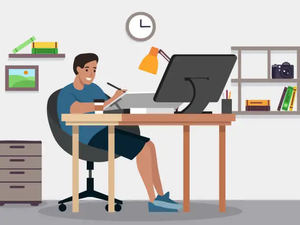 Vector illustration of Graphic designer and illustrator working on his workplace with computer and table flat vector illustration