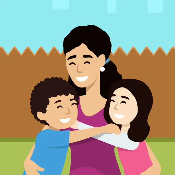 Vector illustration of Concept Of Mothers Day Greeting. Mother hugging her son and daughter. flat vector illustration isolated on white background